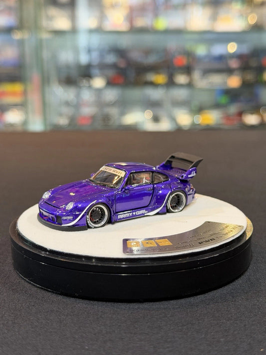PGM 1/64 Porsche RWB 993 Metallic Purple 'ARMYGIRL' Opening Diecast