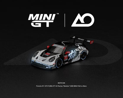 Mini GT 1/64 Porsche 911 GT3 R (992) #77 AO Racing “Skeleton Rexy” 2026 IMSA Petit Le Mans (Glow in the Dark) Limited Edition - (PRE-ORDER)