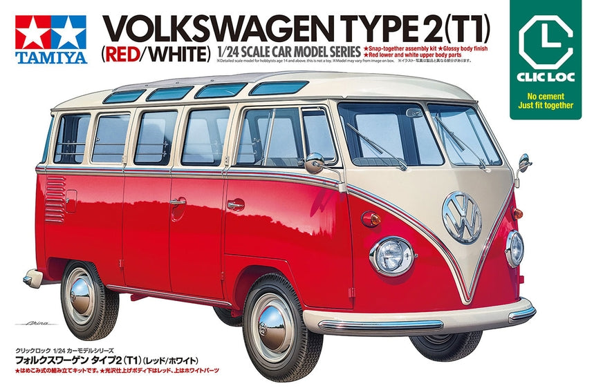 Tamiya 1/24 Volkswagen Type 2 (T1) Red/White - CLIC LOC Model Kit (NO PAINT/NO GLUE) - Nov Arrival