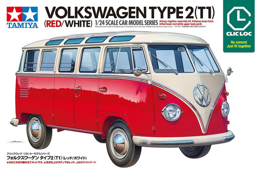 Tamiya 1/24 Volkswagen Type 2 (T1) Red/White - CLIC LOC Model Kit (NO PAINT/NO GLUE) - Nov Arrival