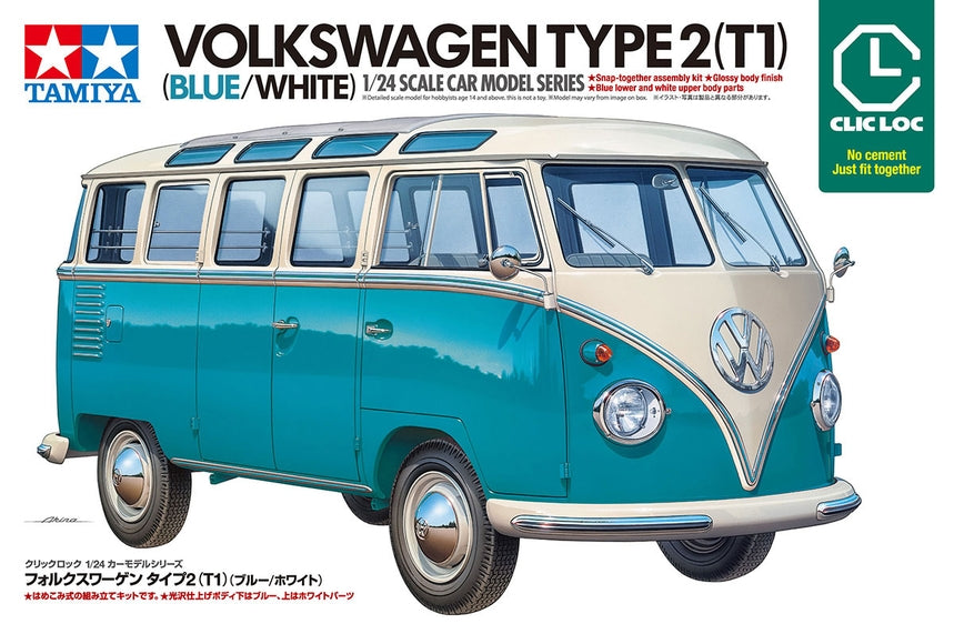 Tamiya 1/24 Volkswagen Type 2 (T1) Blue/White - CLIC LOC Model Kit (NO PAINT/NO GLUE) - Nov Arrival