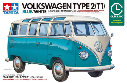 Tamiya 1/24 Volkswagen Type 2 (T1) Blue/White - CLIC LOC Model Kit (NO PAINT/NO GLUE) - Nov Arrival